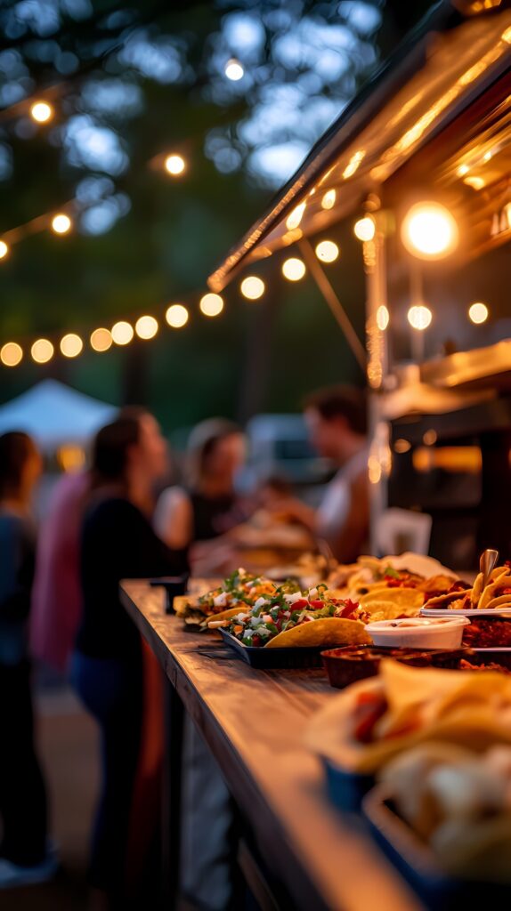 Evening food truck scene with friends enjoying delicious meals.